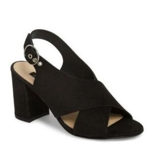 Paul Green Retro Cross Strap Black Nubuck Leather Block Heel Sandals Sz. 10.5